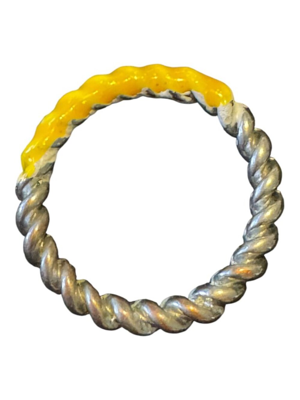 Twisted Silver & Yellow Enamel Ring Size 7 Unique Design